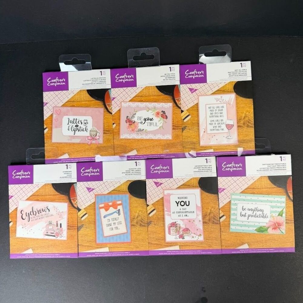 Lot of 7 New Crafters Companion Clear Acrylic Stamps-Playful, Fun, Girly Phrases